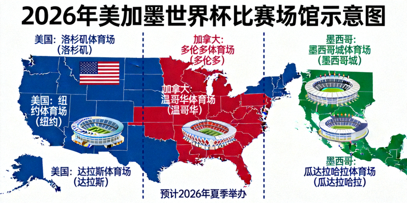2026年美加墨世界杯预计比赛场馆示意图